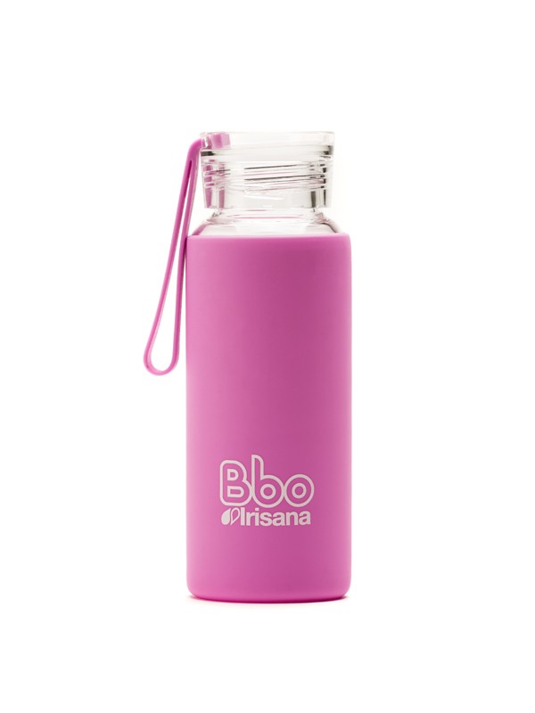 Botella bbo rosa borosilicato con silicona 330 ml. irisana